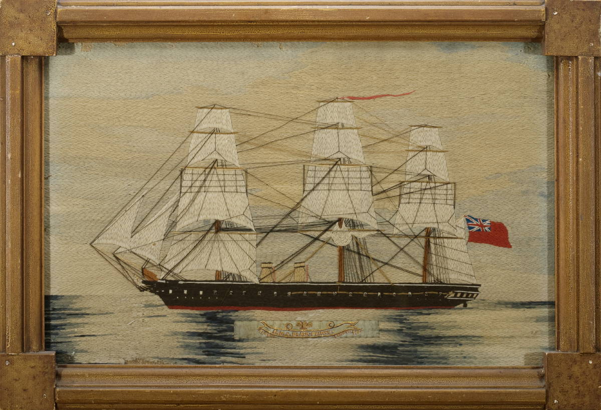 Appraisal: WOOLWORK OF A BRITISH SHIP WITH CARRIER PIGEON APPROACHING BEARING