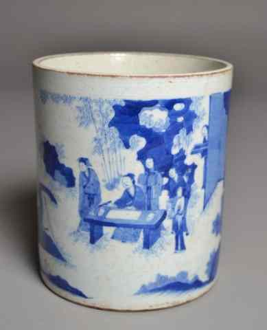 Appraisal: Chinese Blue White Brush Pot with ScholarPorcelain blue and white