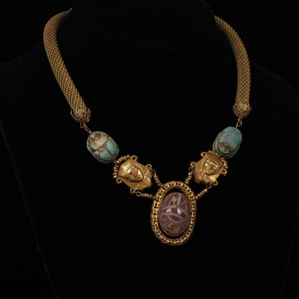 Appraisal: Miriam Haskell brass mesh Egyptian Inspired carved stone Scarab Necklace