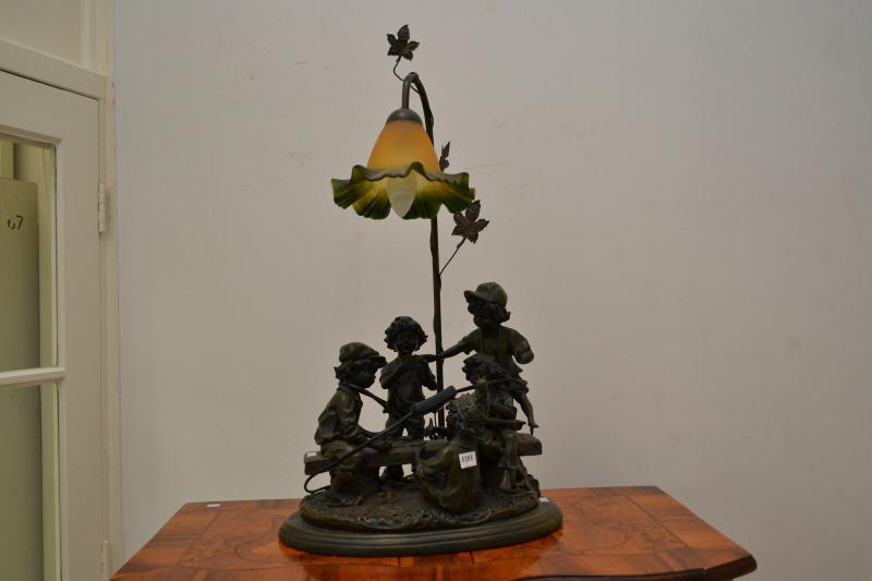 Appraisal: A FIGURAL TABLE LAMP WITH GREEN GLASS SHADE A FIGURAL