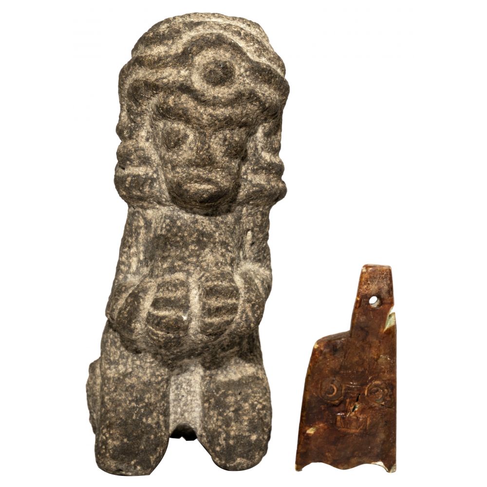 Appraisal: PRE-COLUMBIAN STONE CARVINGS items including a Central American kneeling figure