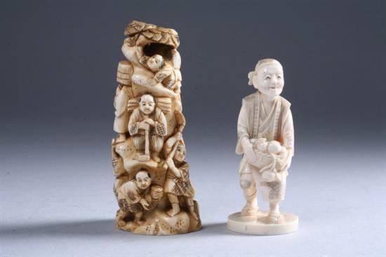 Appraisal: TWO JAPANESE IVORY OKIMONO Meiji period One carved to depict