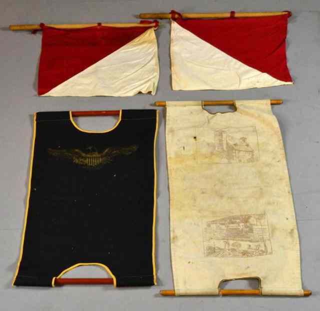 Appraisal: Pcs Semaphore Flags and Wood CarriersTo include two canvas wood