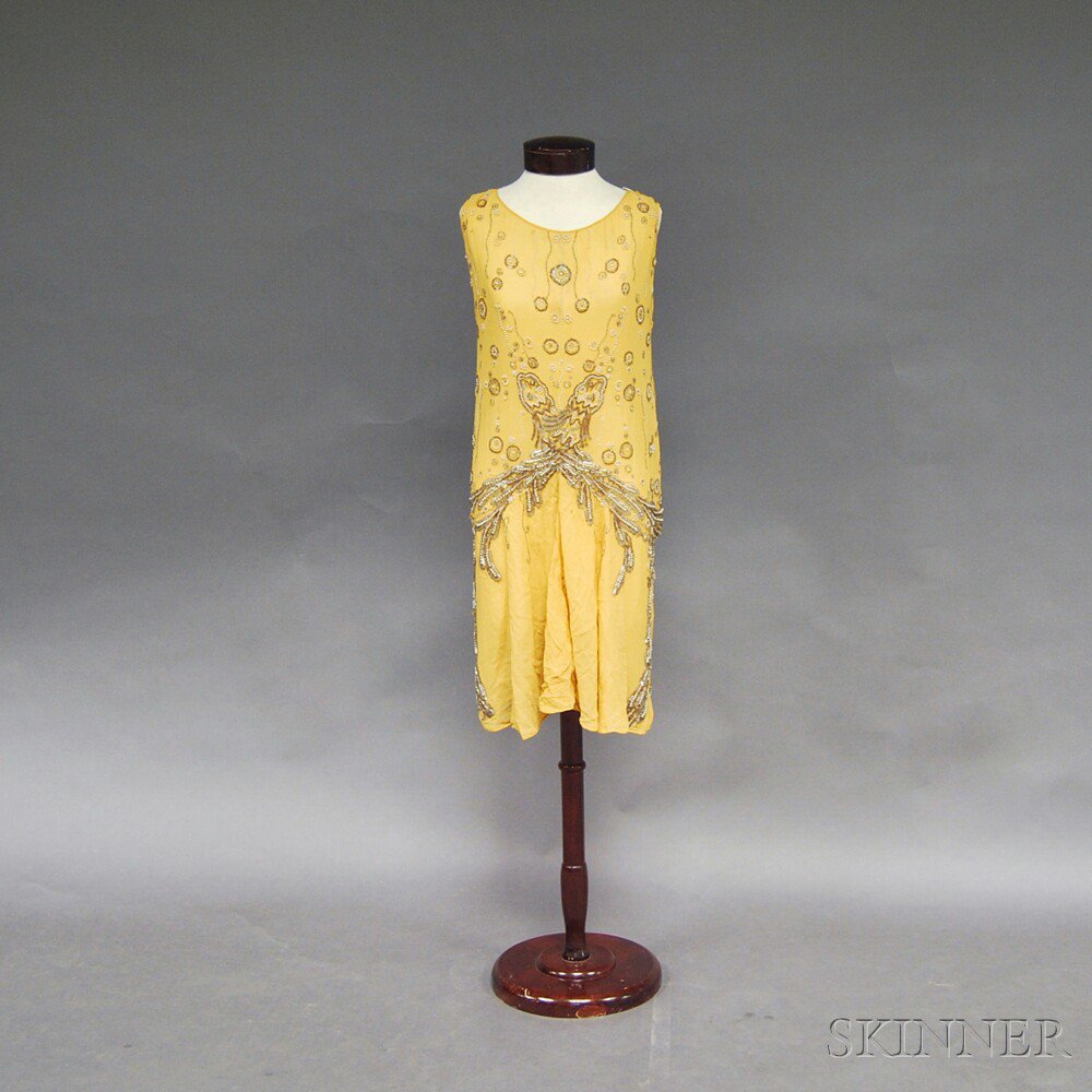 Appraisal: Yellow Silver-tone Beaded and Rhinestone-decorated Crepe Flapper Dress probably America