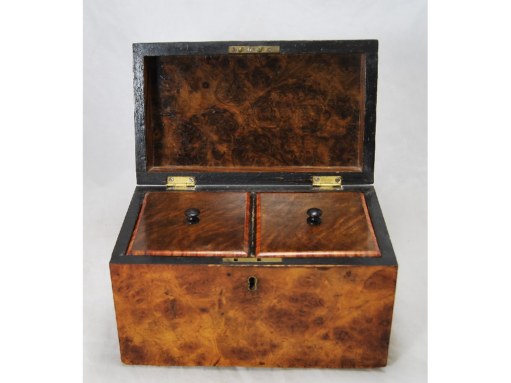 Appraisal: Victorian burr walnut tea caddy the domed top enclosing two