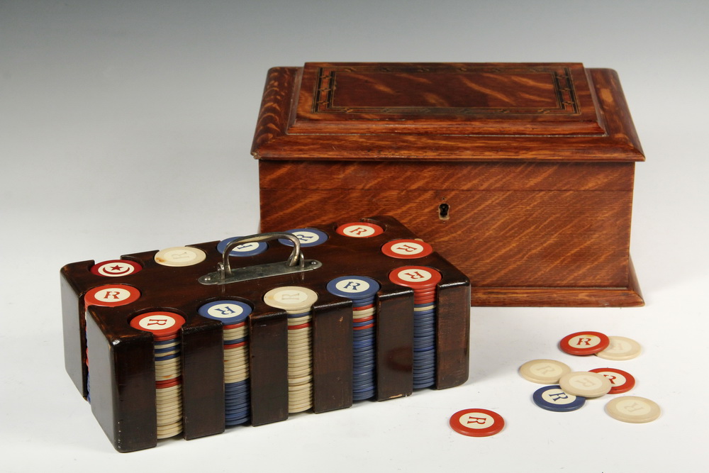 Appraisal: ENGLISH CASED GAME MARKER SET - Quarter Sawn Oak Inlaid