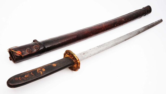 Appraisal: A Japanese Katana Samurai swordwith wooden hilt leather scabbard and