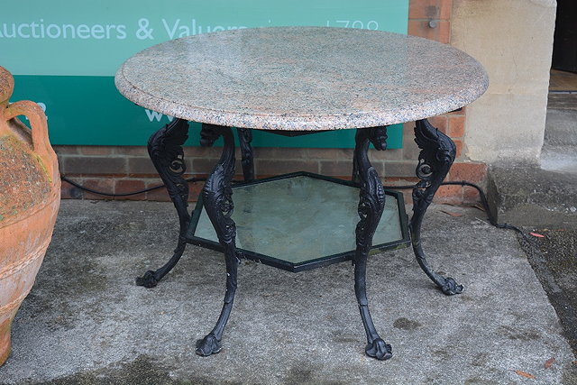 Appraisal: Garden circular table with granite topon hexagonal metal base with