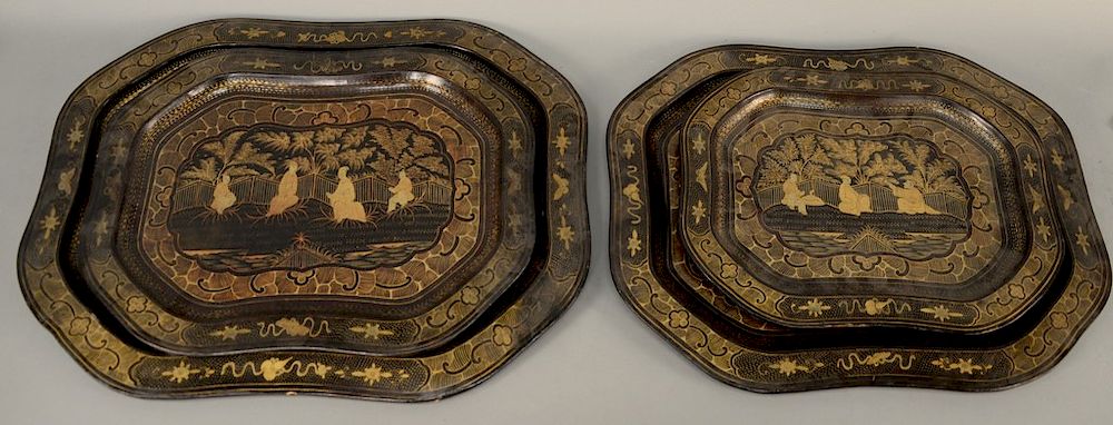 Appraisal: Rare set of four black lacquered trays each papier mache