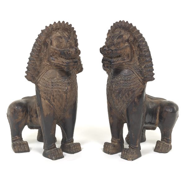 Appraisal: PAIR OF LARGE CERAMIC KHYMER STYLE TEMPLE GUARDIAN LION SCULPTURES