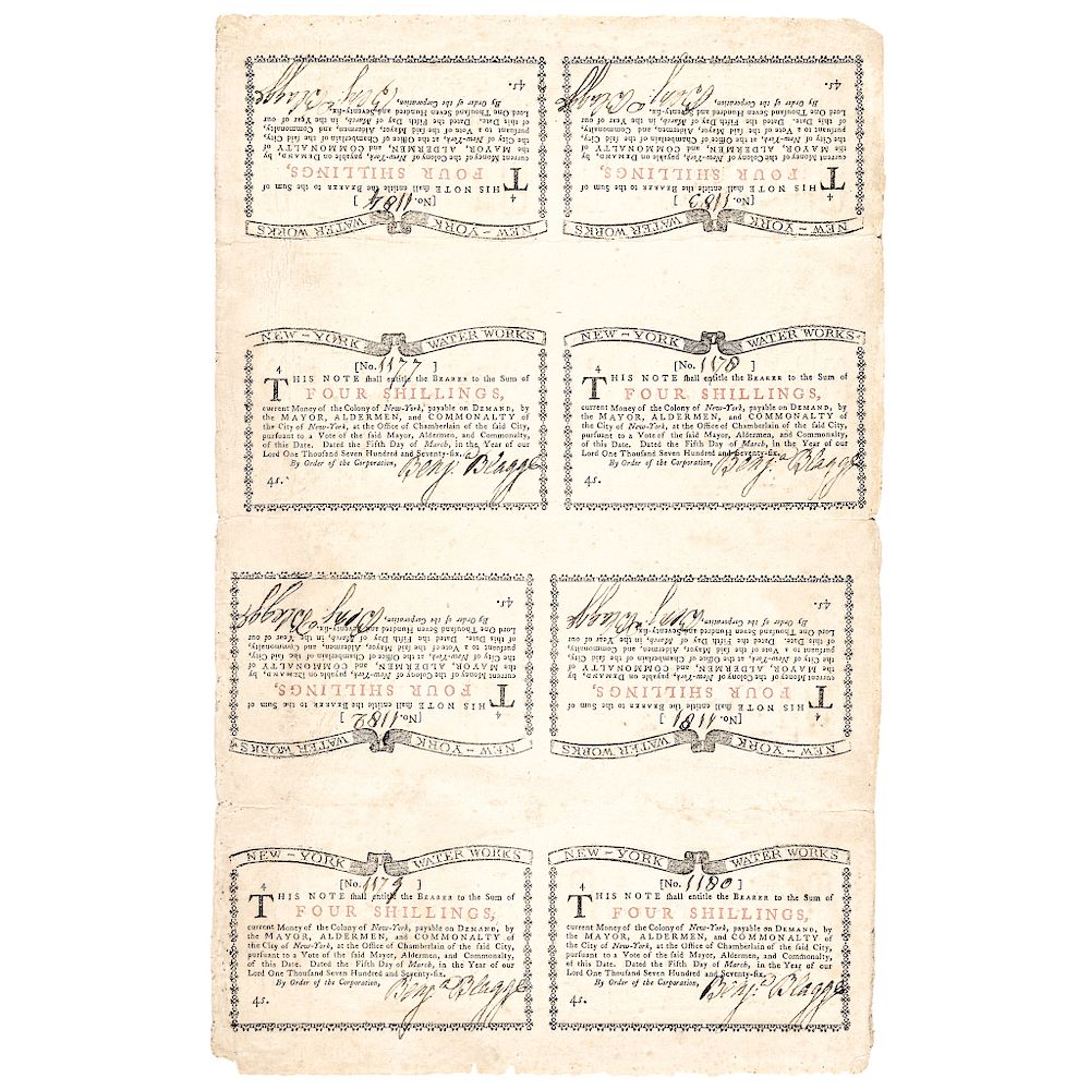 Appraisal: Colonial Currency NY March New York-Water Works Uncut Sheet Rarity