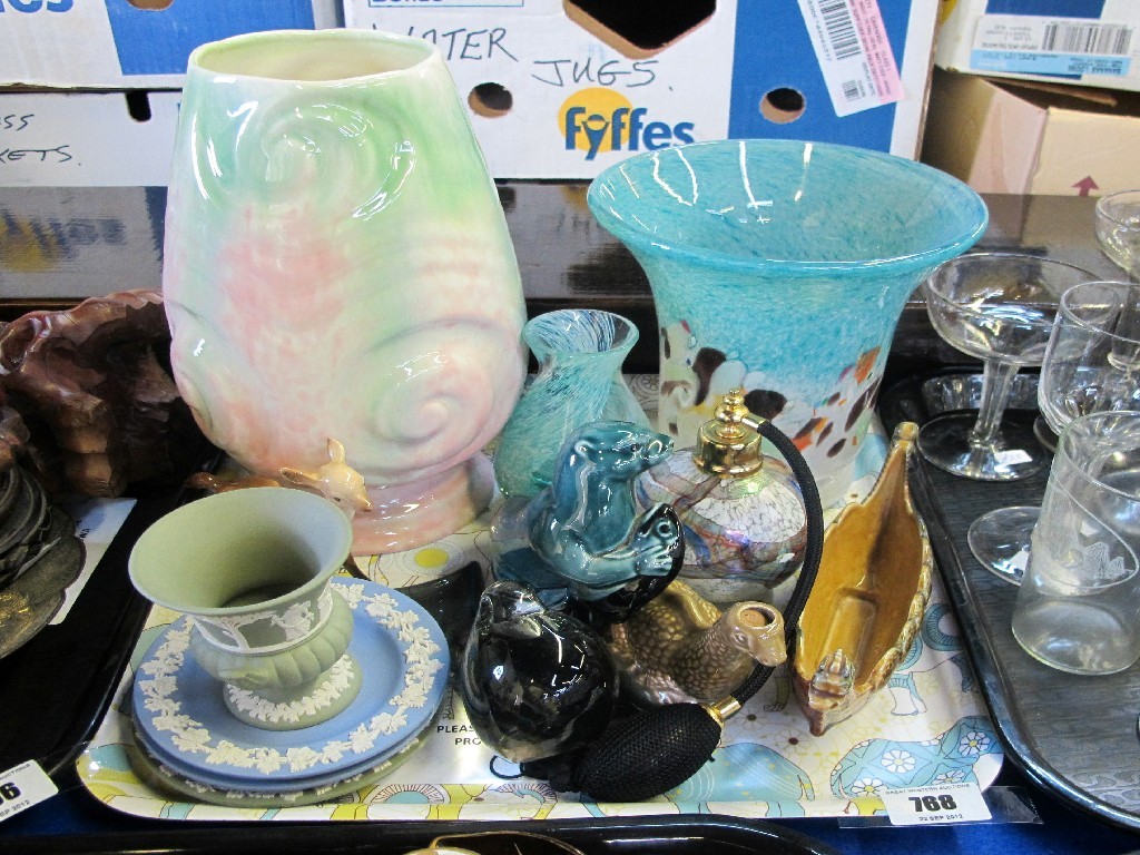 Appraisal: Tray lot of ceramics and glass including Scottish glass vase