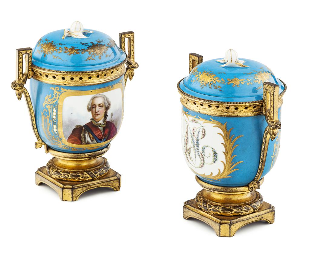 Appraisal: PAIR OF SEVRES GILT BRONZE MOUNTED BRULE-PARFUMS TH CENTURY decorated