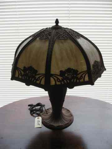 Appraisal: Slag Glass Table Lamp carmel panels fancy floral metalwork overlay