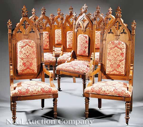 Appraisal: A Set of Ten American Gothic Carved Walnut Dining Chairs