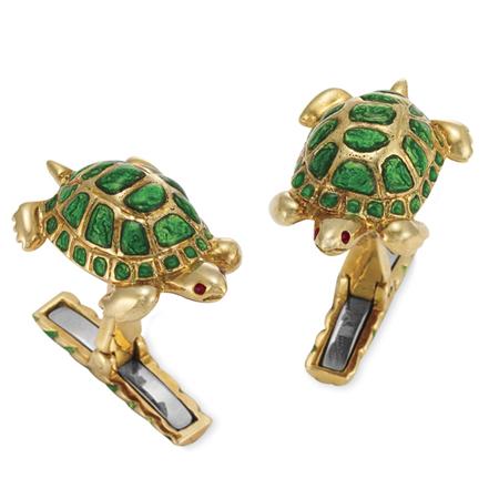 Appraisal: Pair of Gold and Green Enamel Turtle Cufflinks David Webb