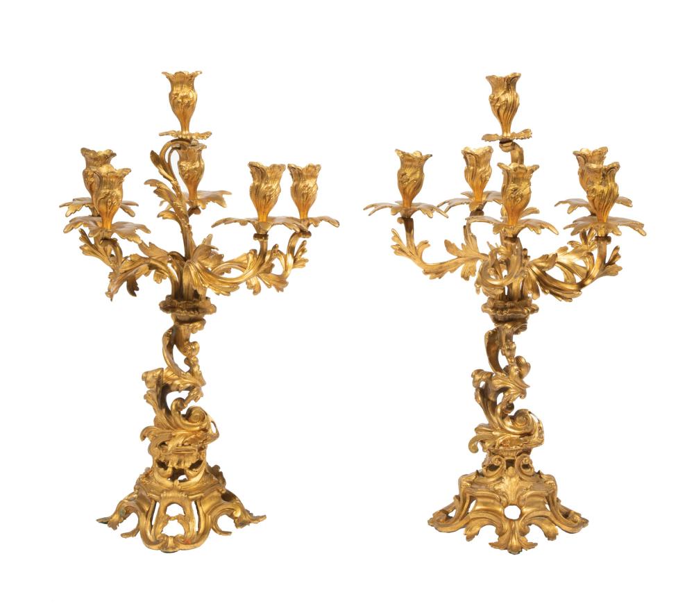 Appraisal: Pair of Louis XV-Style Gilt Bronze Six-Light Candelabra foliate and