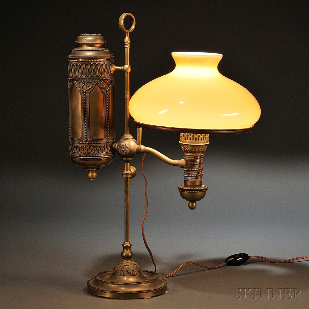 Appraisal: Brass Student Lamp United States early th century Wirework-decorated oil