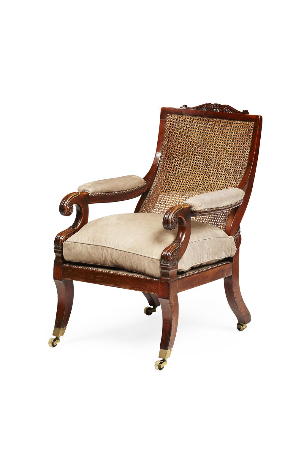 Appraisal: WILLIAM IV MAHOGANY AND CANED ARMCHAIR CIRCA the sloped square