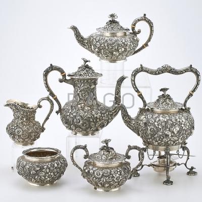 Appraisal: AMERICAN STERLING REPOUSSE TEA AND COFFEE SET Six bulbous vessels