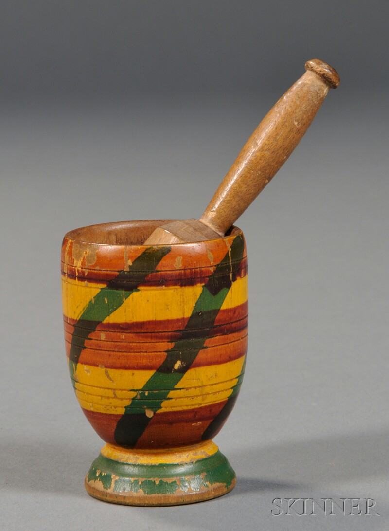 Appraisal: Miniature Turned and Paint-decorated Wooden Mortar and Pestle America th