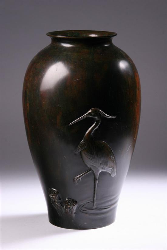 Appraisal: JAPANESE BRONZE VASE Meiji period Of ovoid-form with crane decoration