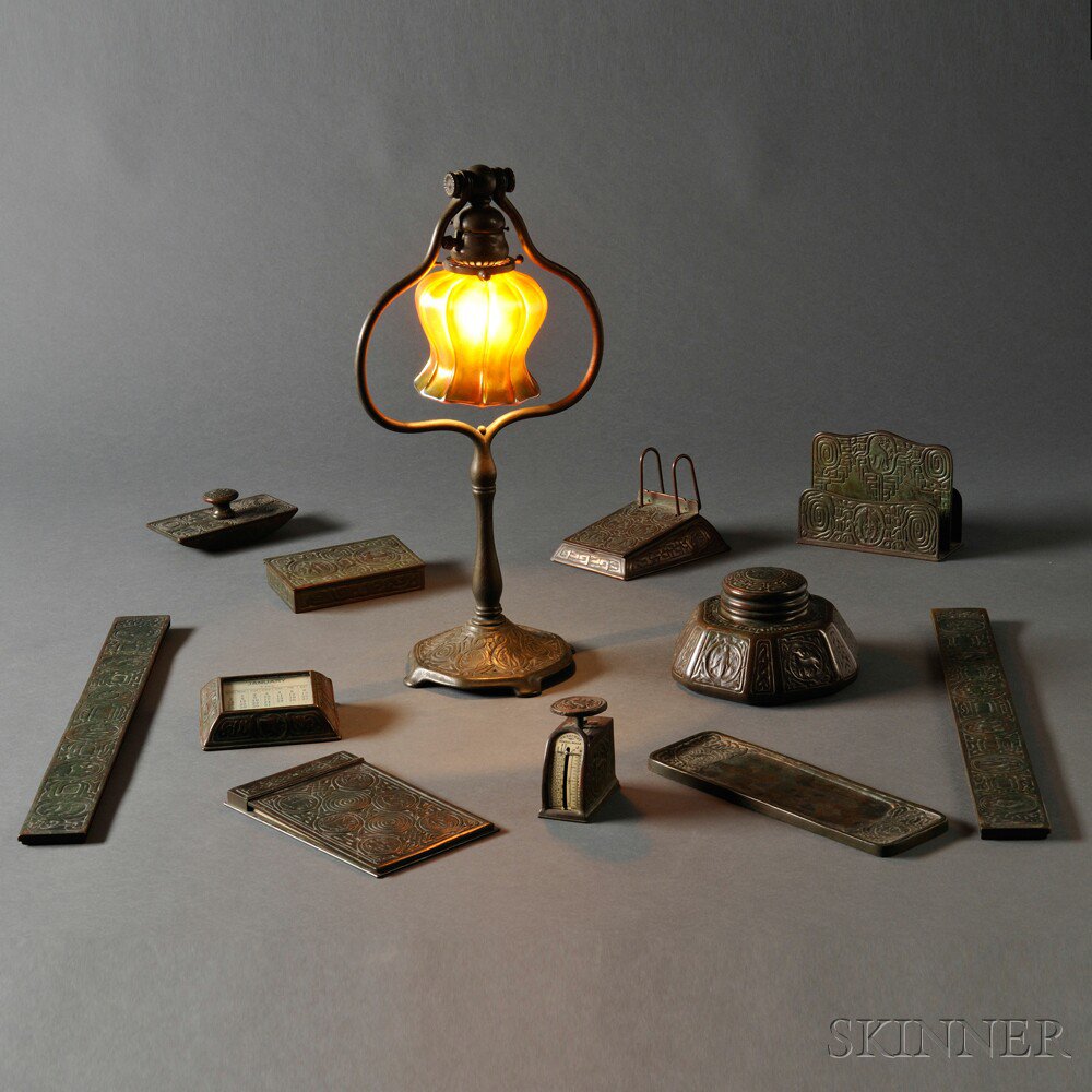 Appraisal: Eleven Item Tiffany Studios Zodiac Pattern Desk Set Including Lamp