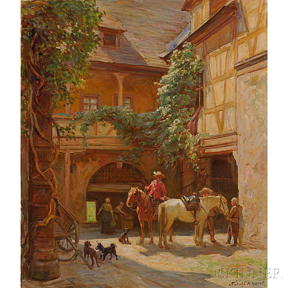 Appraisal: Rudolf Schacht German - Horsemen in a Sunny Courtyard Signed