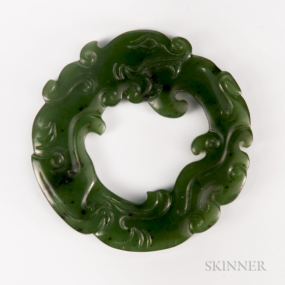 Appraisal: Spinach Green Jadeite Chilong Spinach Green Jadeite Chilong China curved