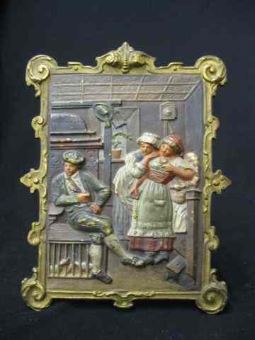 Appraisal: Bradley Hubbard Bronzed Plaque tavern scene original paint '' x