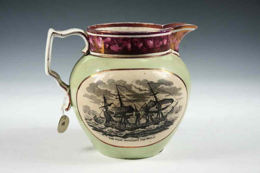 Appraisal: STAFFORDSHIRE TRANSFERWARE PITCHER - Illustrated Pitcher ca in pea green