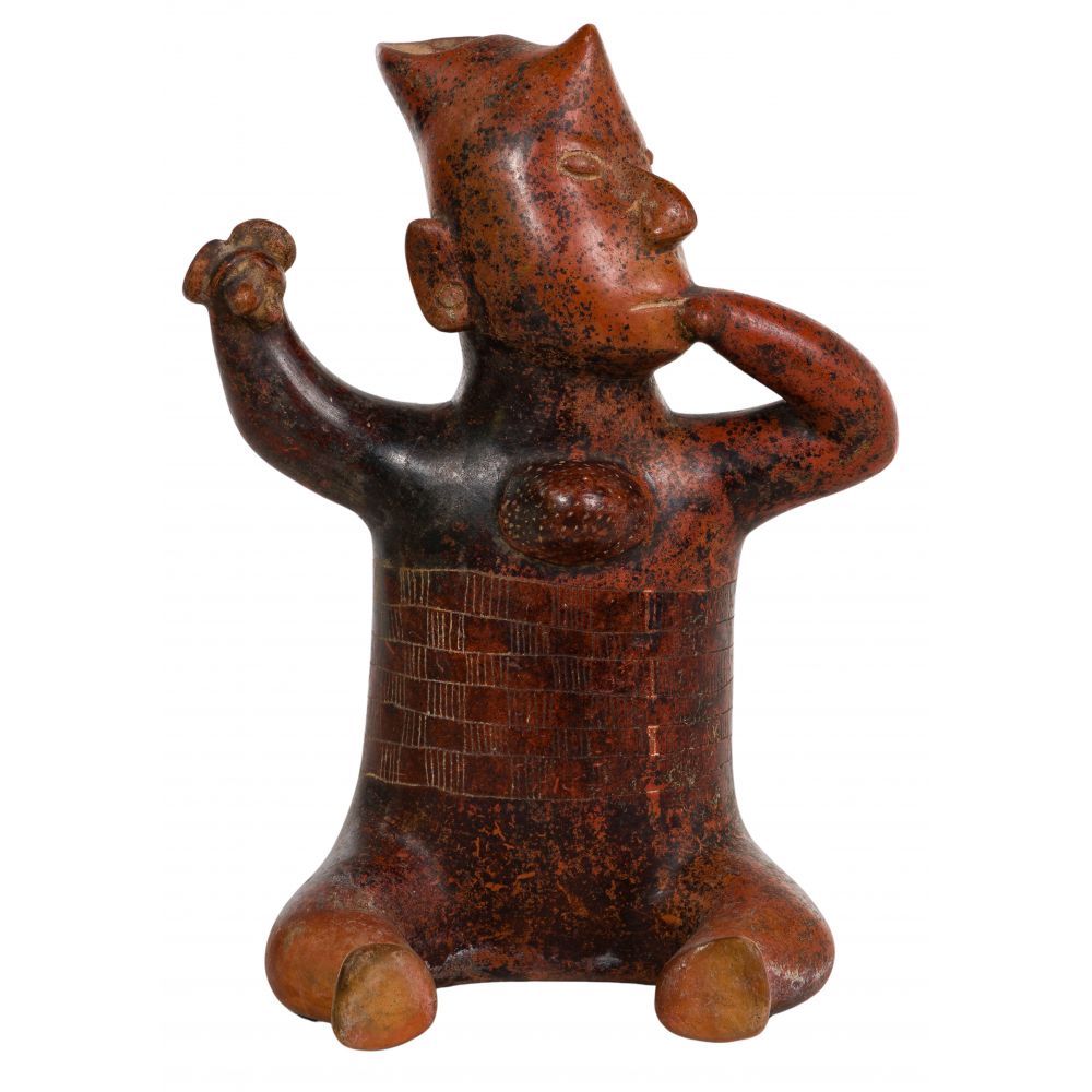 Appraisal: PRE-COLUMBIAN COLIMA POTTERY FIGURESeated shaman having incised decorations with a