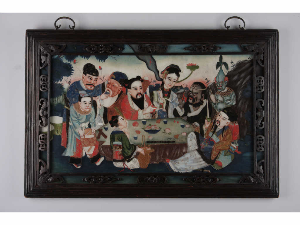 Appraisal: Antique Chinese Reverse Painting on Glass depicts an outdoor banquet