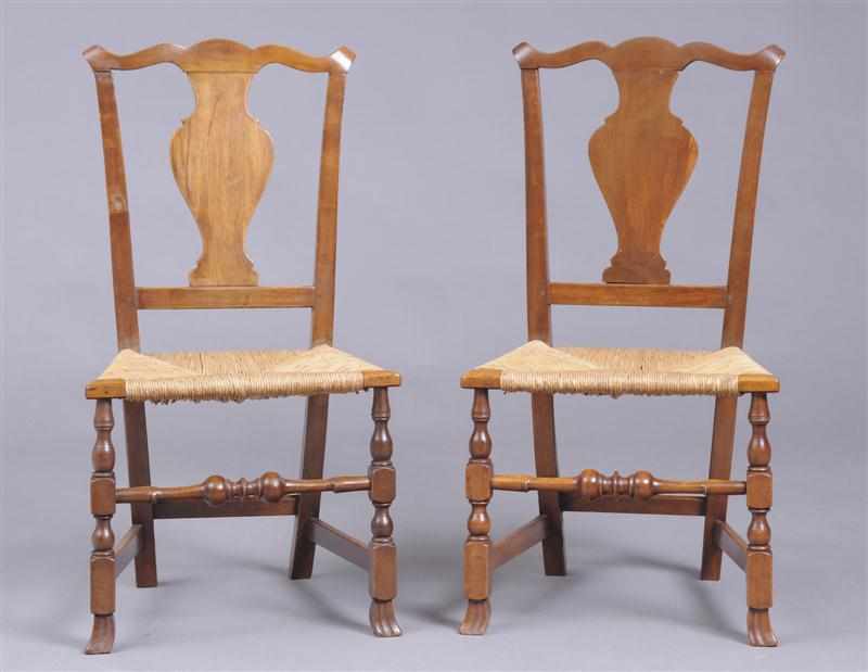 Appraisal: PAIR OF NEW ENGLAND MAPLE RUSH-SEAT SIDE CHAIRS Each serpentine