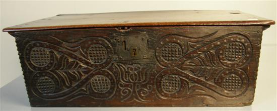 Appraisal: th century carved oak bible box with hinged top the