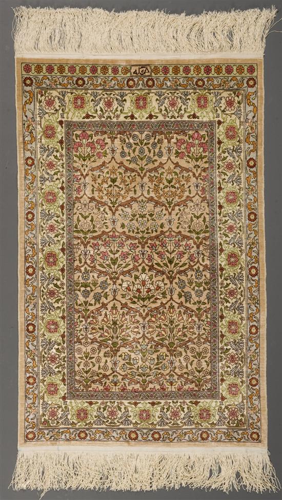 Appraisal: Signed silk Persian mat th century Brightly colored florals on