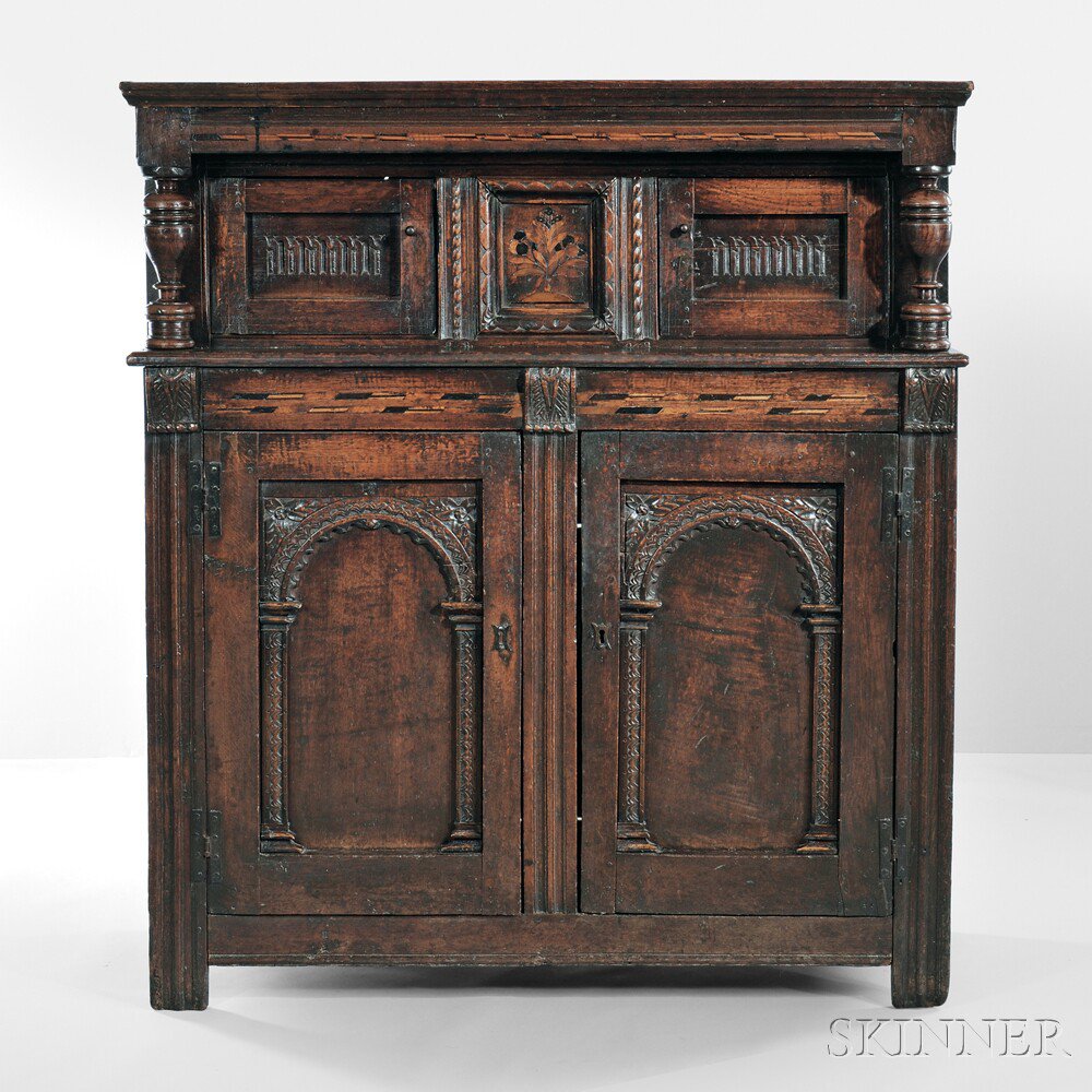 Appraisal: Carved Oak Inlaid Court Cupboard England th century top inlaid