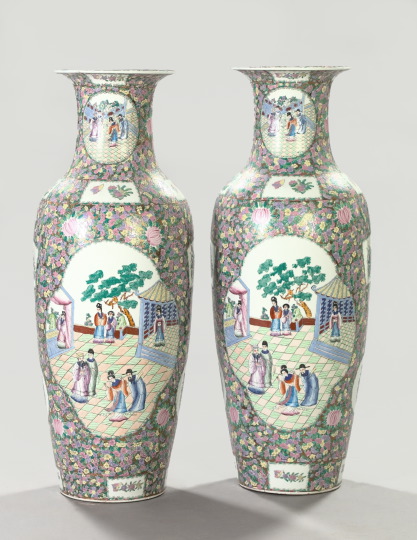 Appraisal: Monumental Pair of Chinese Elaborately Gilded and Polychromed Floral-Ground Palace