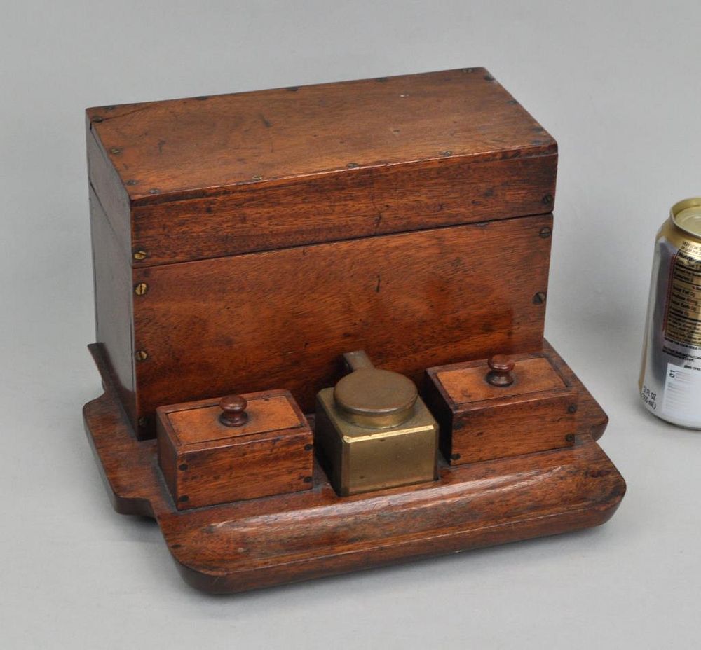 Appraisal: Mahogany Desk Box Inkwell th C with bronze inkwell high