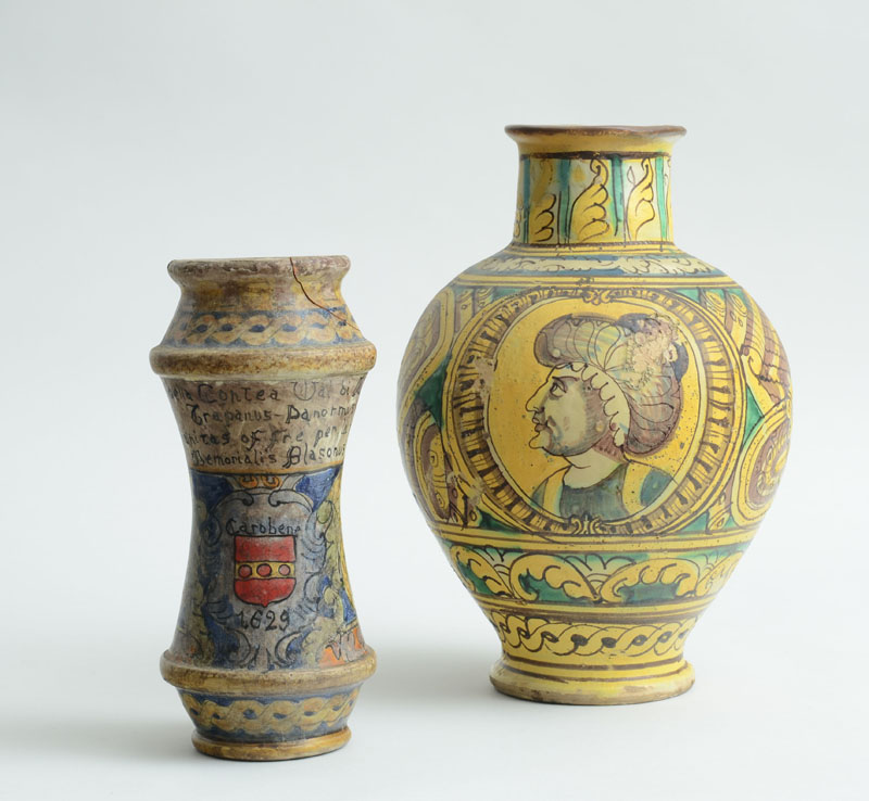 Appraisal: ITALIAN MAJOLICA JAR AND A LATER ARMORIAL ALBERELLO The one