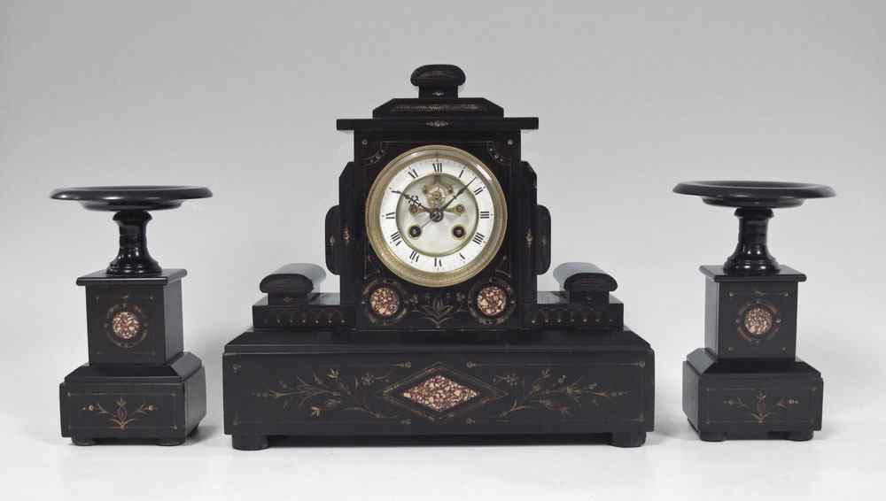 Appraisal: FRENCH BLACK ONYX AND MARBLE CLOCK GARNITURE SET Black onyx