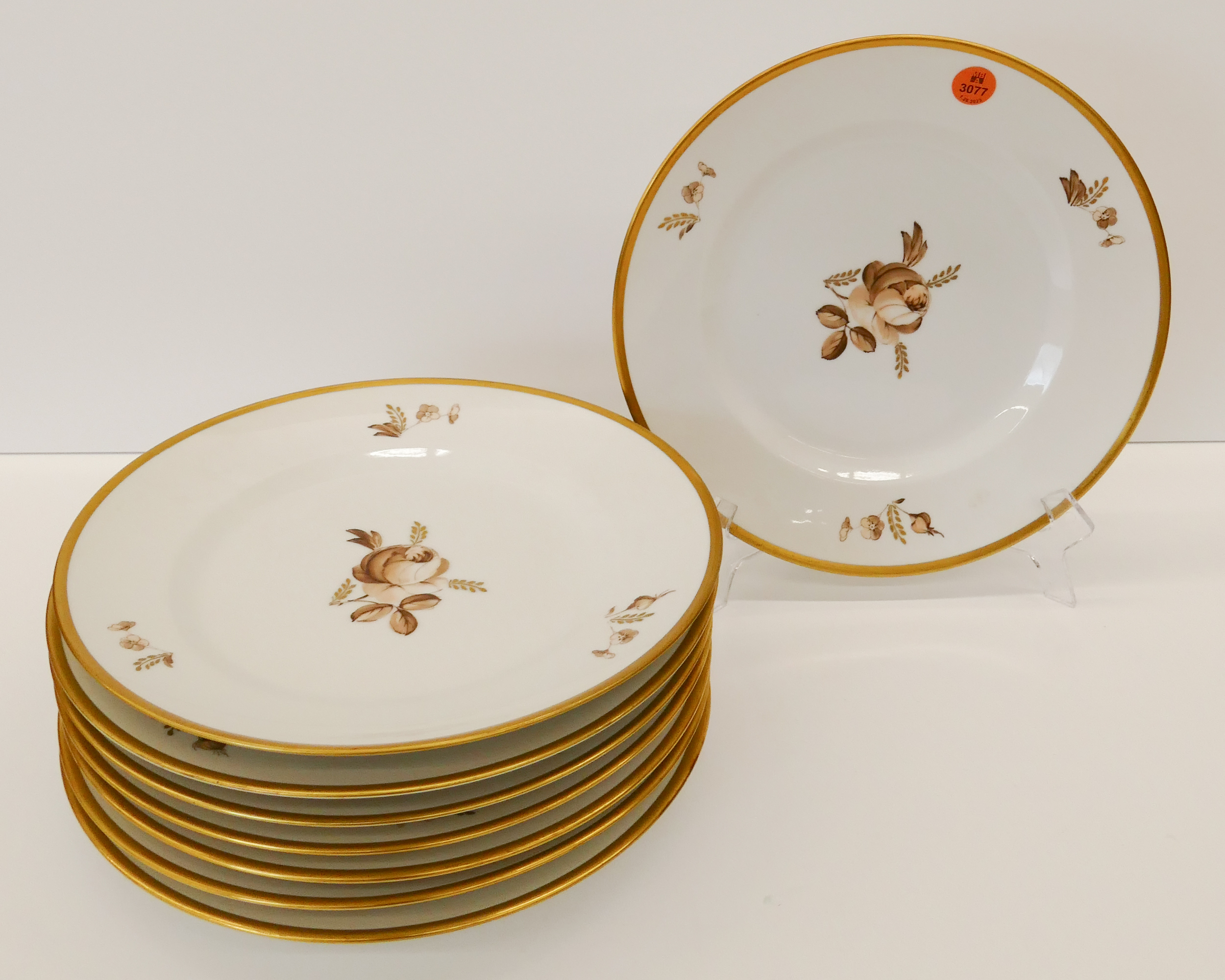 Appraisal: pc Royal Copenhagen Brown Rose Porcelain Dinner Plates Gilt decoration