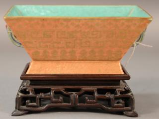 Appraisal: Chinese porcelain footed rectangle dish with handles having seal mark