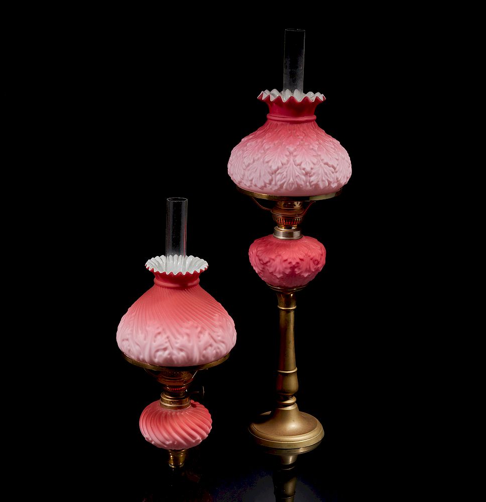 Appraisal: Satin Glass Oil Lamp Pink satin glass oil lamp on