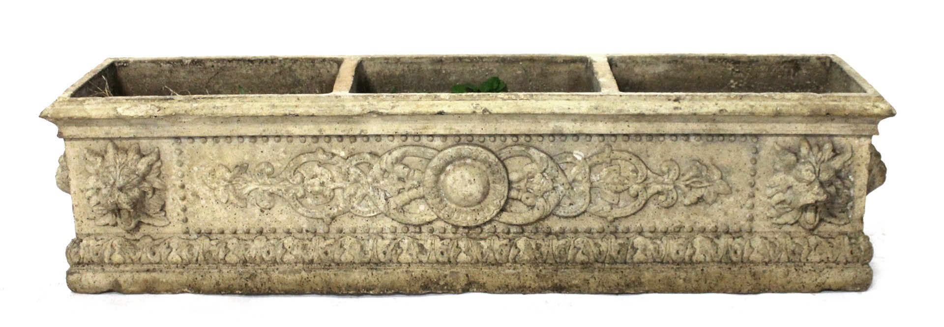 Appraisal: A pair of stone effect rectangular planters relief cast with