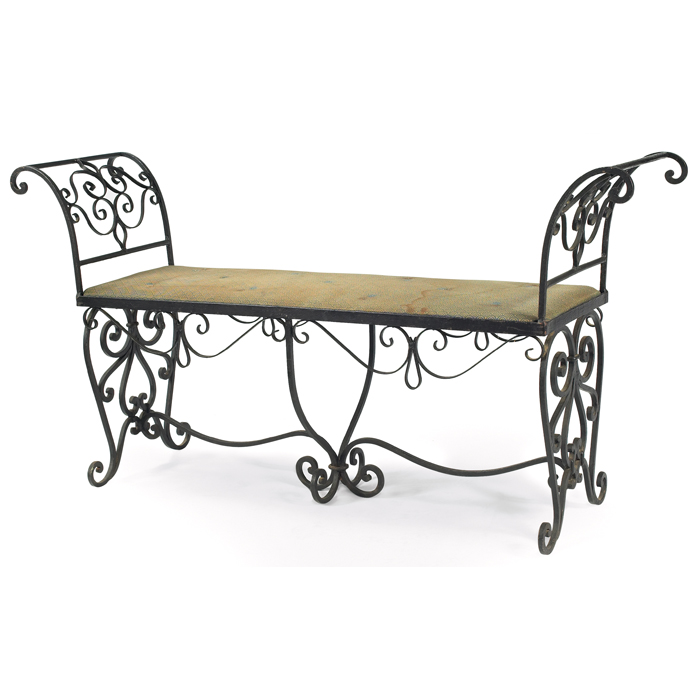 Appraisal: Good Arts Crafts period bench in curled wrought iron with