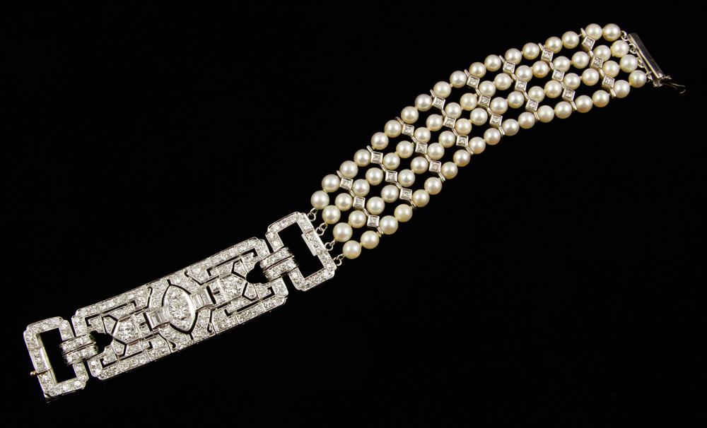 Appraisal: - Deco Diamond and Pearl Bracelet Exceptional s Deco style