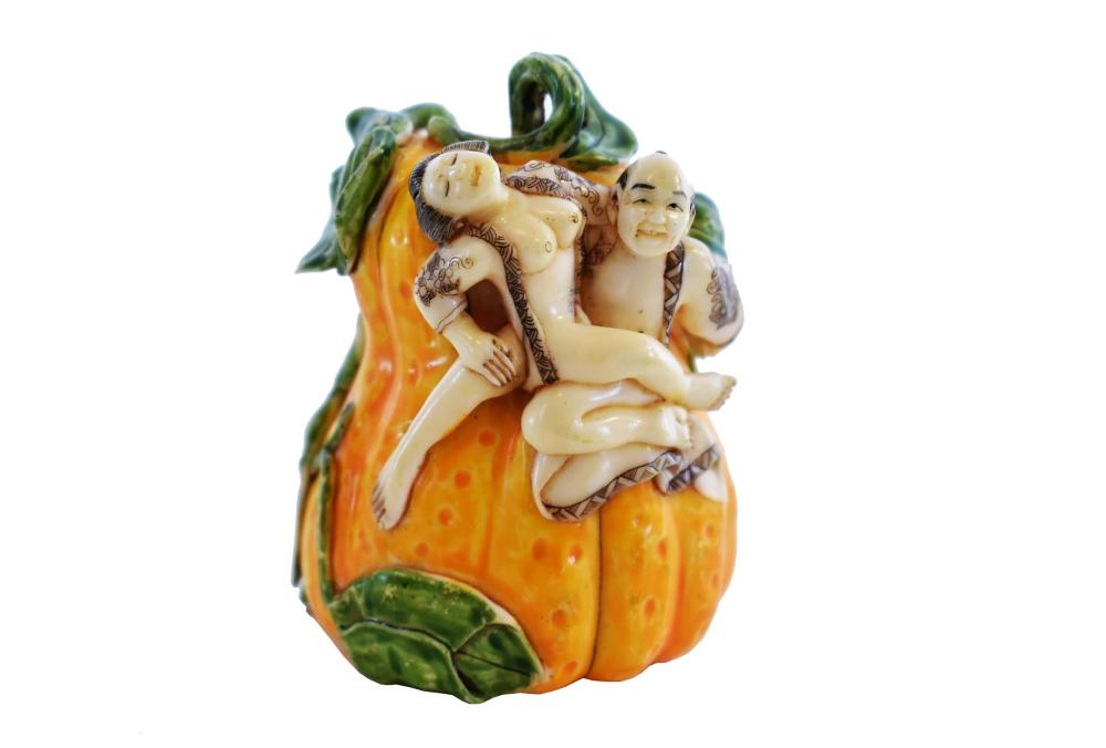 Appraisal: JAPANESE CARVED EROTIC GOURD GROUPSigned The orange painted double gourd