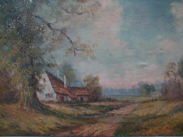 Appraisal: Lawrence Late Summer landscape with cottages around a pond oil