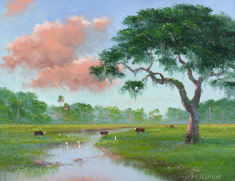 Appraisal: ELTEMTAMY Ahmed American th Century Florida Cattle Landscape Oil Masonite